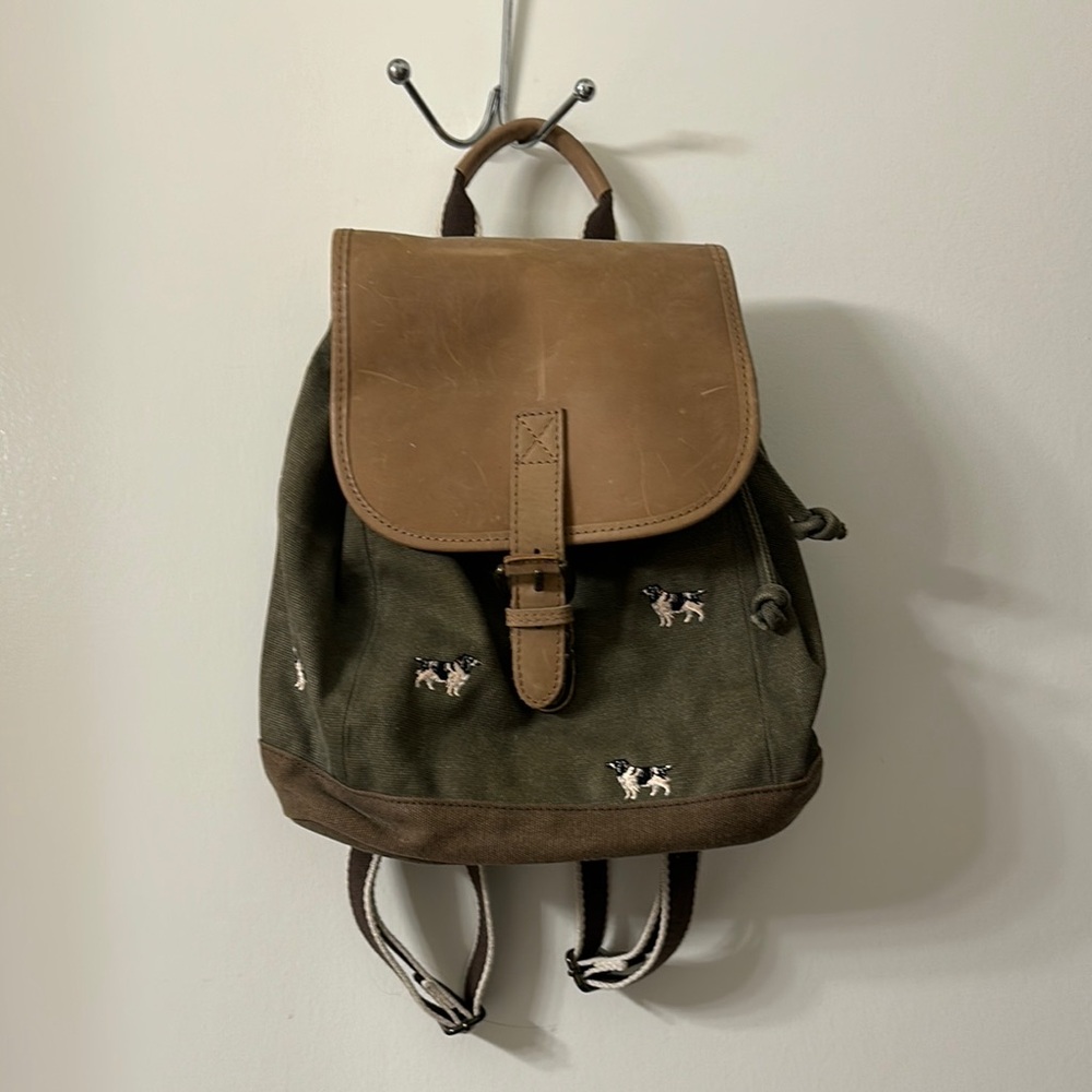 L.L. Bean Vintage Brown and Green mini Backpack with Dog Embroidery Drawstring